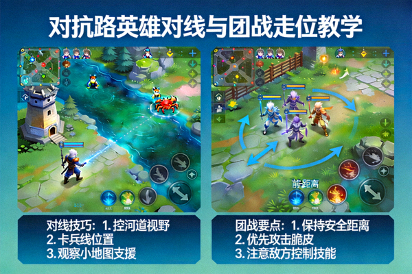 王者荣耀对抗路英雄对线与团战走位教学画面