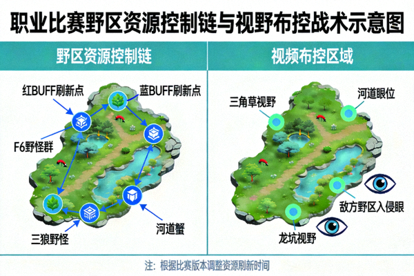 职业比赛野区资源控制链与视野布控战术示意图
